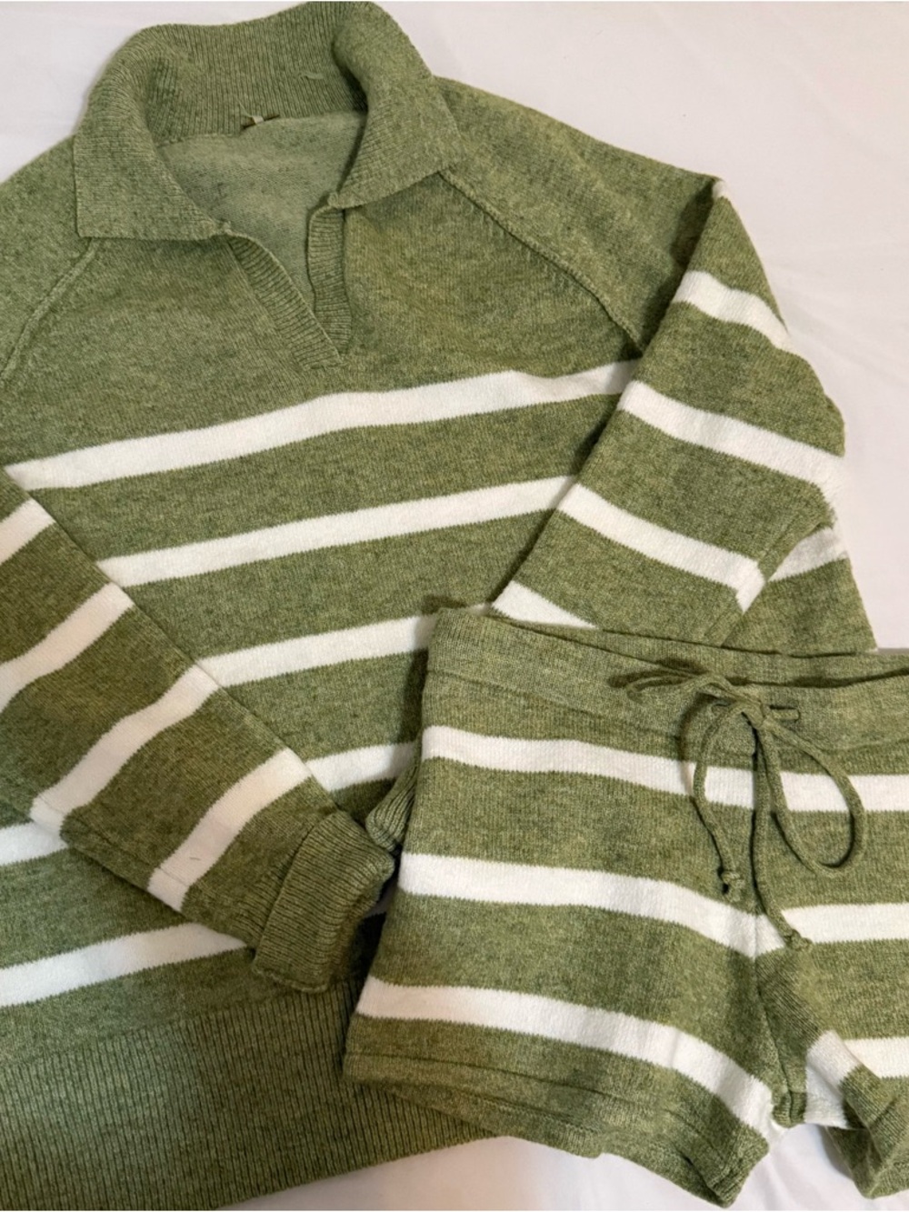 Cozy Green & White Striped Knit Polo Sweater - Women